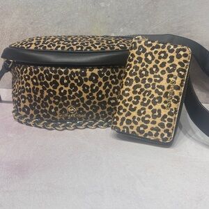 Michael Kors Slater Sling Pack Leopard Print Bag & Wallet Set Calf Hair